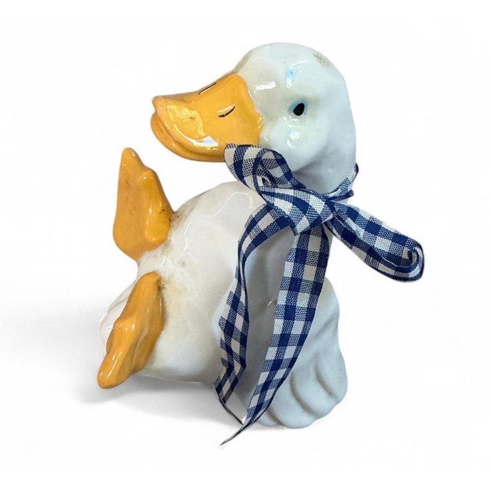 Ceramic Duck Figurine 7" Blue Gingham Bow Country Farmhouse Goose Decor